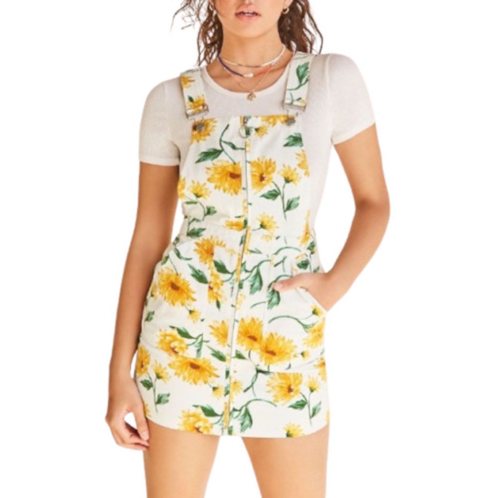 NWT Forever 21 Fitted Sunflower Print Overall Mini Dress S